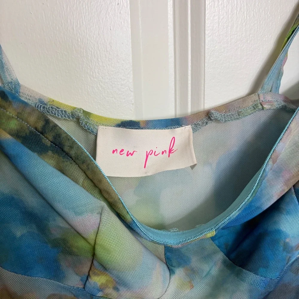 New Pink Girls Watercolor Floral Mesh Romper Dress Blue Green Tiered Ruffle L